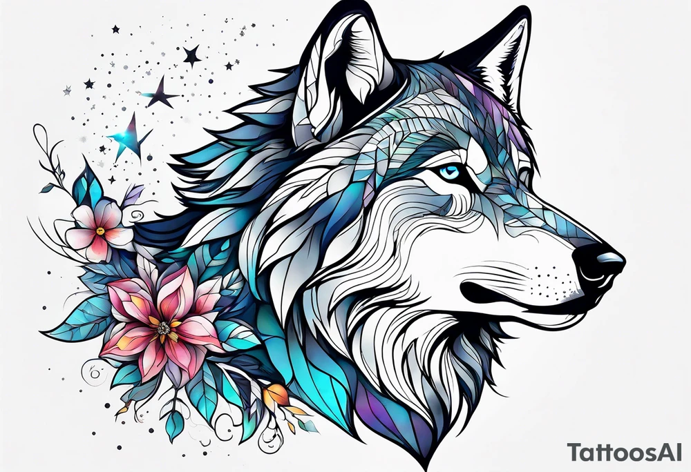 Constellation, animal wolf snow , géométric , flower tattoo idea