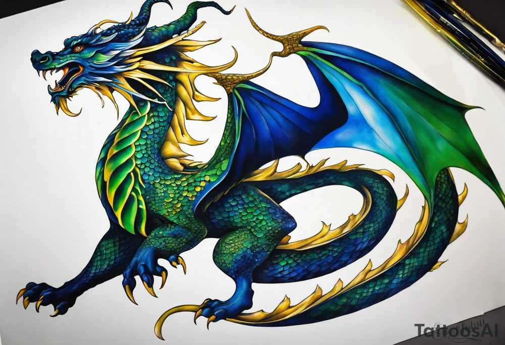 Surrealistic Tattoo: An epic with no wings, floating. Its long body coiling dynamically, with scales and horns detailed to create a sense of movement and strength. The dragon's main color is midnight blue but features accents in green, blue, and gold, giving a vibrant depth and a mystical aura. This tattoo highlights the dragon’s fierce expression and sharp claws as it wraps protectively around the leg. Style: Surrealism tattoo idea