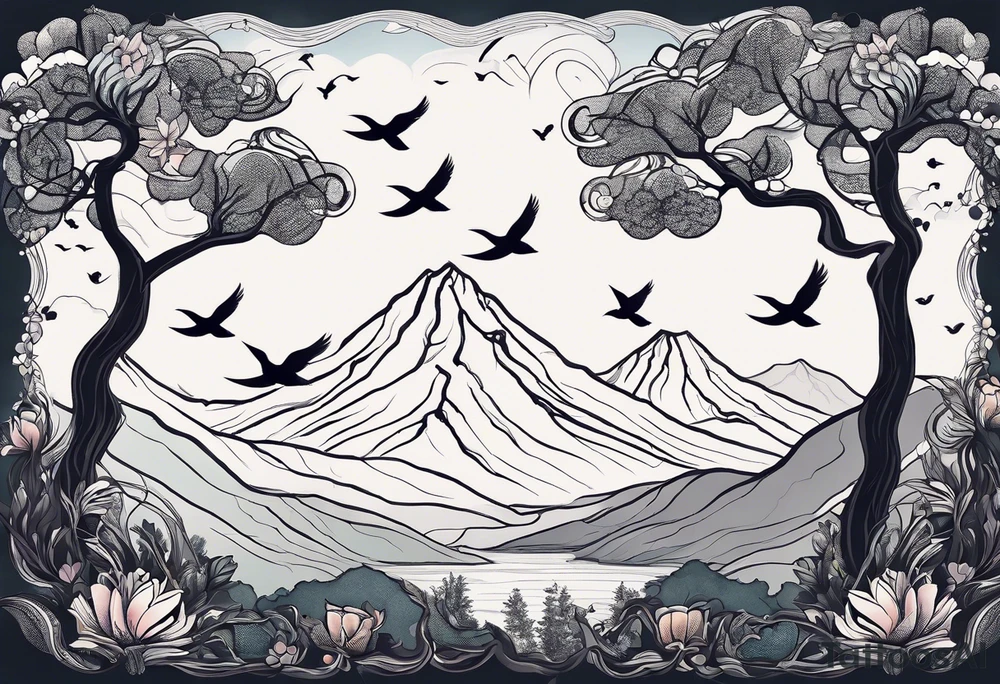 A mountain scape with trees and 5 silhouettes of birds. 2 bigger birds, 3 smaller birds tattoo idea