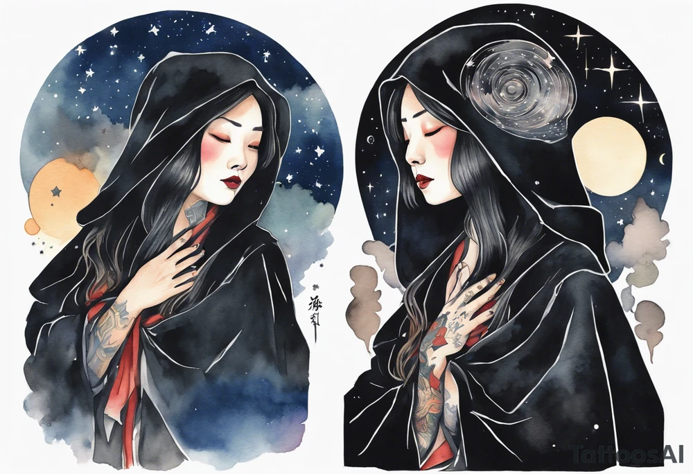 a beautiful 50-year-old Dakota woman wearing black cloak with the night sky in the background tattoo idea