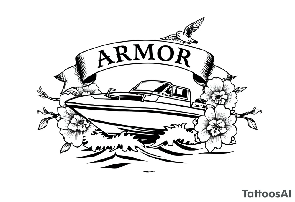 Traditional style tattoo, with a jet boat in the water, with a banner that says “ARMOR” in traditional lettering, add classic traditional aspects to this tattoo like sparrows and traditional flowers . tattoo idea