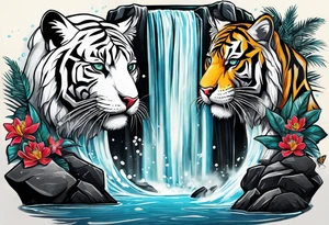 Two tigers: a white tiger and black tiger on opposite sides of a waterfall with an calligraphy ink container at the top and the Bahamas and Jamaica flag on opposite sides. tattoo idea