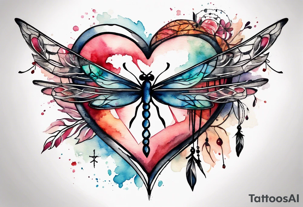 Watercolor tattoo of heart with cross going through the heart. Small Dragonfly flying on side with dreamcatcher tattoo idea