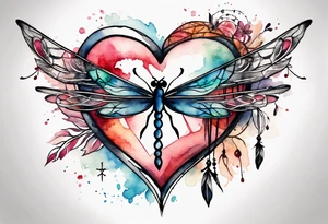 Watercolor tattoo of heart with cross going through the heart. Small Dragonfly flying on side with dreamcatcher tattoo idea