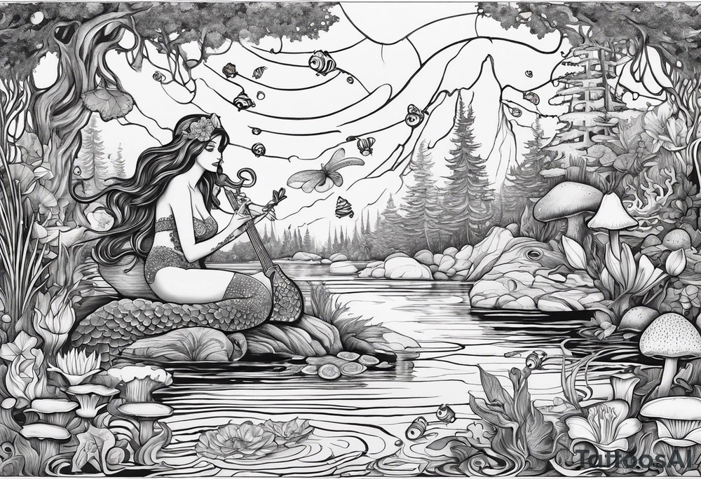 A Mermaid singing in a bayou that has cypress trees, mushrooms, lily pads, frogs, and bugs tattoo idea