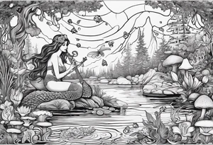 A Mermaid singing in a bayou that has cypress trees, mushrooms, lily pads, frogs, and bugs tattoo idea