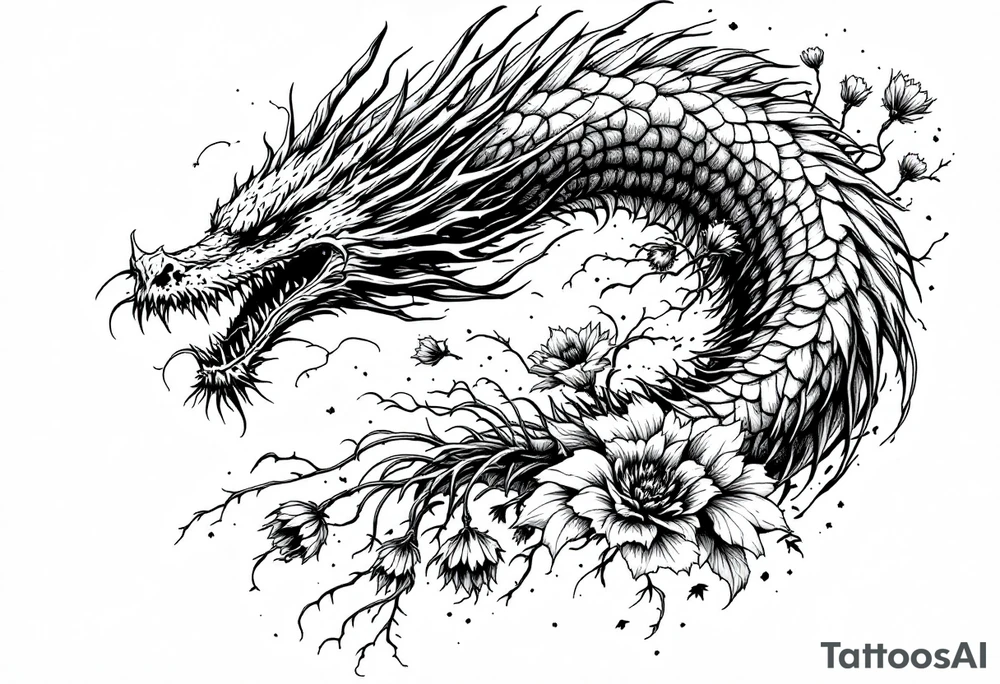 scary long dragon with dead flowers tattoo idea
