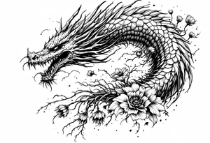 scary long dragon with dead flowers tattoo idea