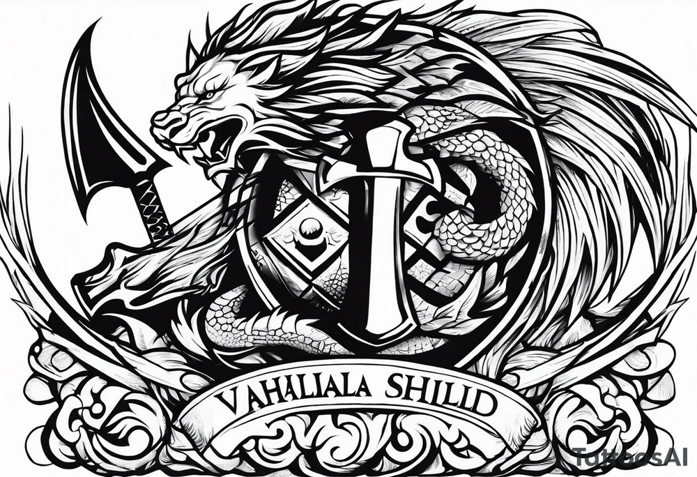 Valhalla sword shield dragon axe lion tattoo idea