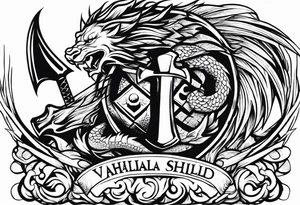Valhalla sword shield dragon axe lion tattoo idea