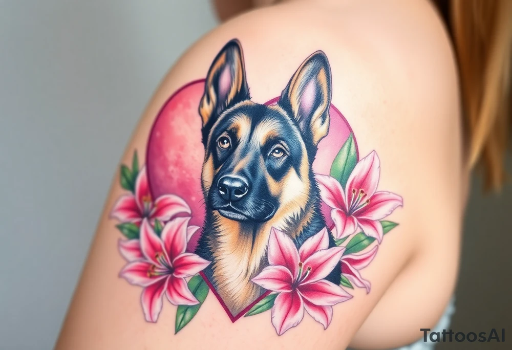 strong looking short haired german shepherd with alert ears surrounded by pink lilies with large leaves in front of a sacred heart tattoo idea