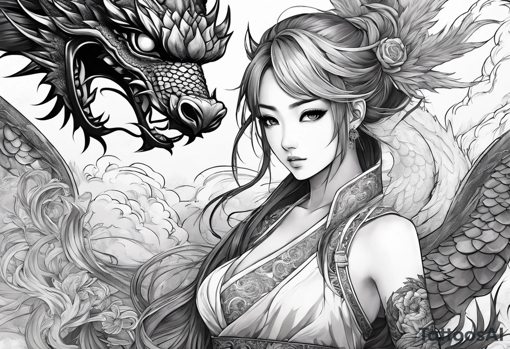a full shot of an anime girl seen from far, surrounded by asian dragon with wings tattoo idea
