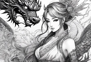a full shot of an anime girl seen from far, surrounded by asian dragon with wings tattoo idea