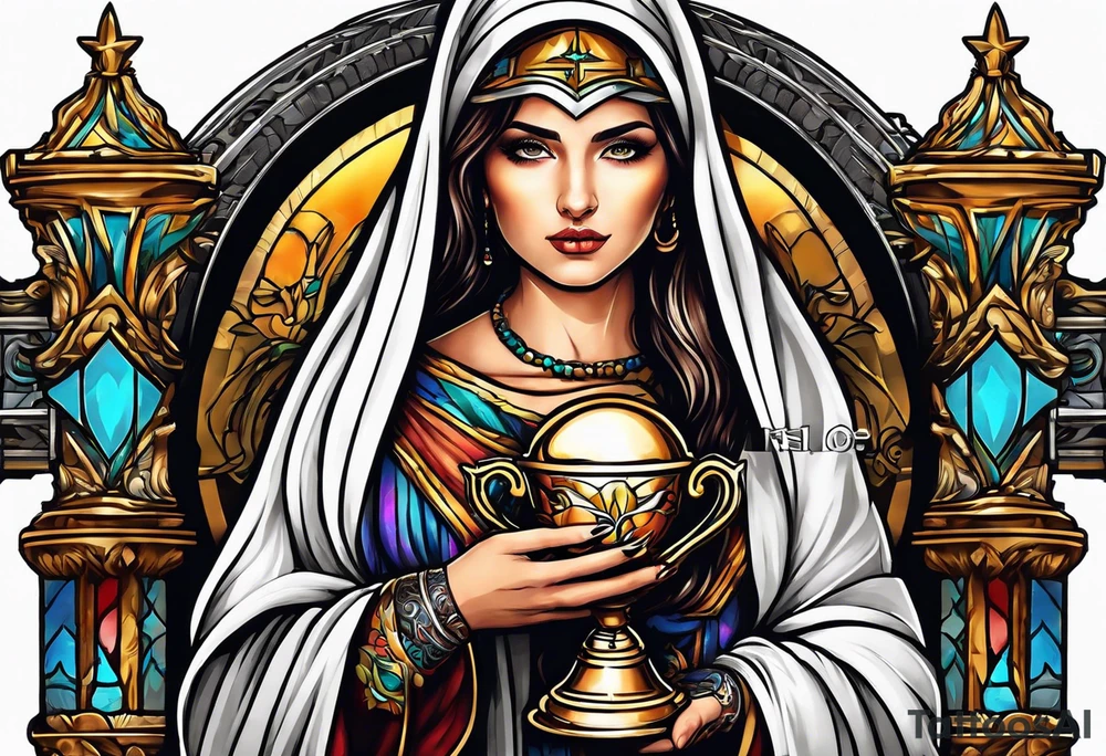 holy saint woman turned away
 holding a chalice tattoo idea