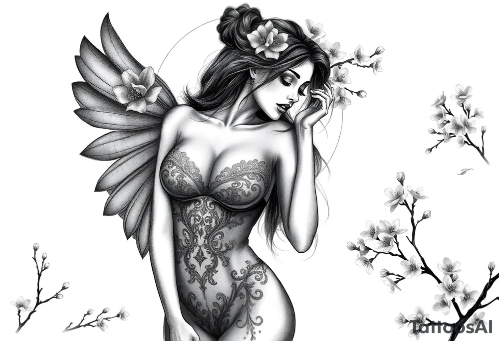 Hottest depiction of a starter the goddess of Love and war nude with see-through exotic lingerie at sunset with cherry blossoms tattoo idea