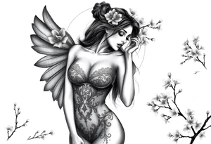 Hottest depiction of a starter the goddess of Love and war nude with see-through exotic lingerie at sunset with cherry blossoms tattoo idea