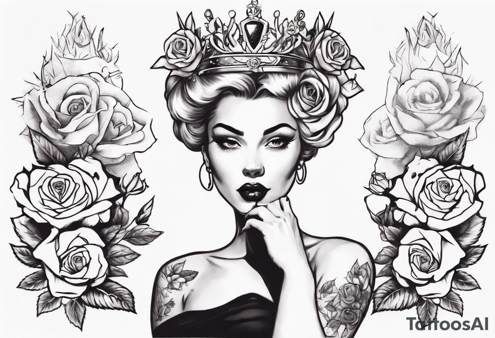 pin-up style queen wearing a crown, surrounded by rose flowers tattoo idea