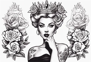 pin-up style queen wearing a crown, surrounded by rose flowers tattoo idea