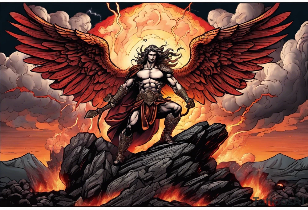 Michael the Archangel standing on top of satan laying on rock over hot lava.  Clouds and lightning in background. tattoo idea