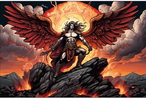 Michael the Archangel standing on top of satan laying on rock over hot lava.  Clouds and lightning in background. tattoo idea