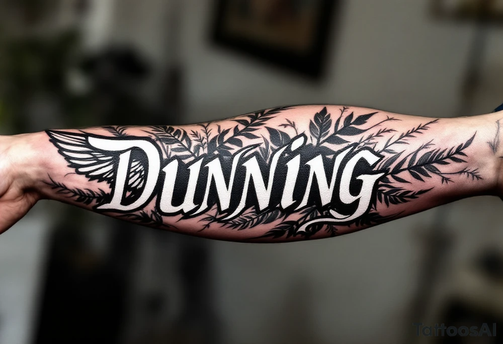 Dunning, left forearm details include angel wing, greek type of font,jungle leaves, name is big and in white color tattoo idea