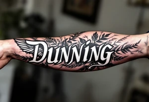 Dunning, left forearm details include angel wing, greek type of font,jungle leaves, name is big and in white color tattoo idea