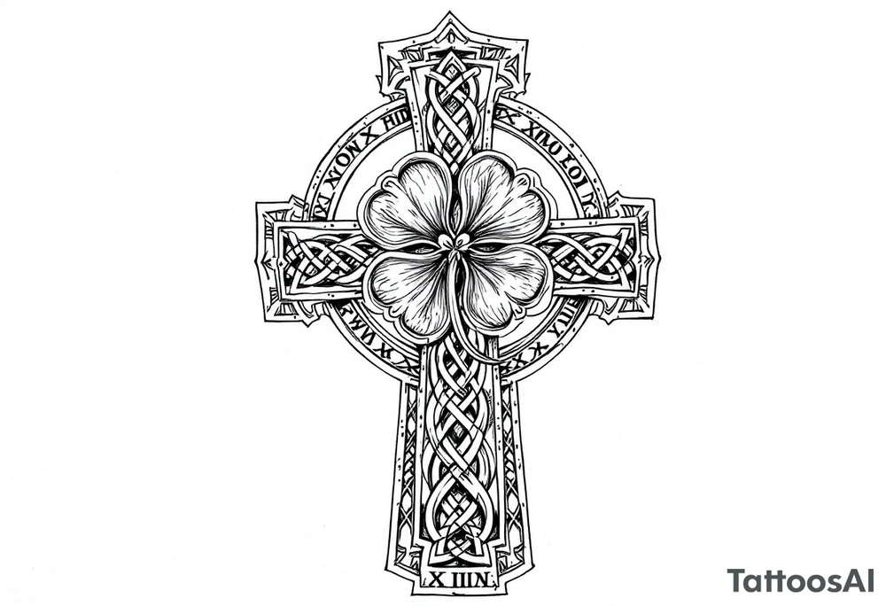 an irish inspired celtic cross with a four leaf clover in the middle surrounded by celtic knots and roman numerals tattoo idea