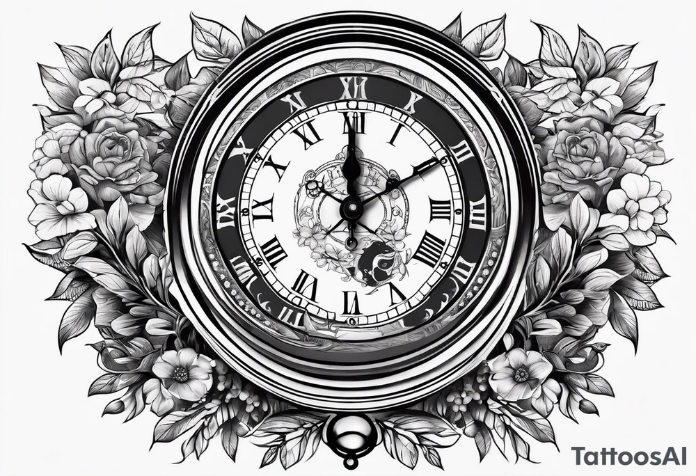 combination of a floating nautical compass and a old school clock face, and a doctor bird and tree of life and decorated with lignum vitae flowers, 3/4 sleeve on arm, flowing down the arm tattoo idea