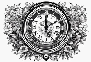 combination of a floating nautical compass and a old school clock face, and a doctor bird and tree of life and decorated with lignum vitae flowers, 3/4 sleeve on arm, flowing down the arm tattoo idea