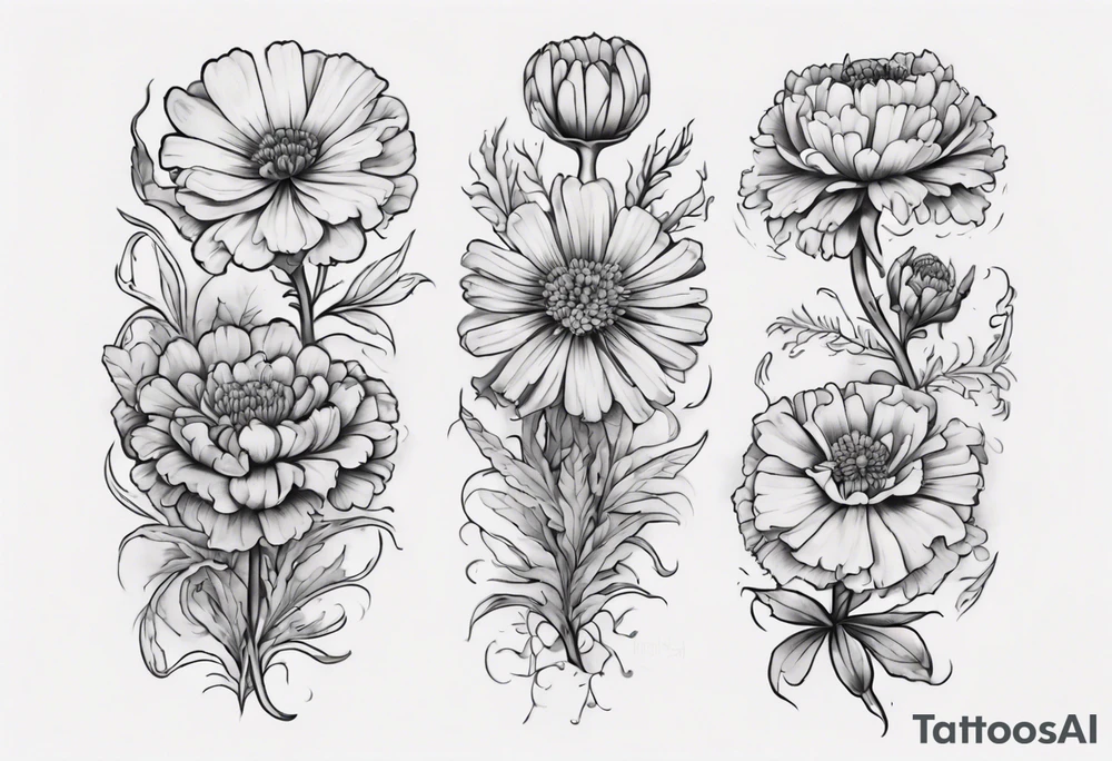 a sleeve tattoo of Marigold flowers, tattoo idea