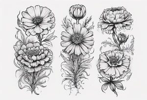 a sleeve tattoo of Marigold flowers, tattoo idea