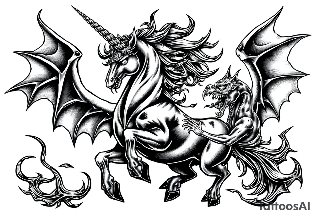 Dark unicorn evil and angry fighting with demons tattoo idea