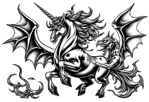 Dark unicorn evil and angry fighting with demons tattoo idea