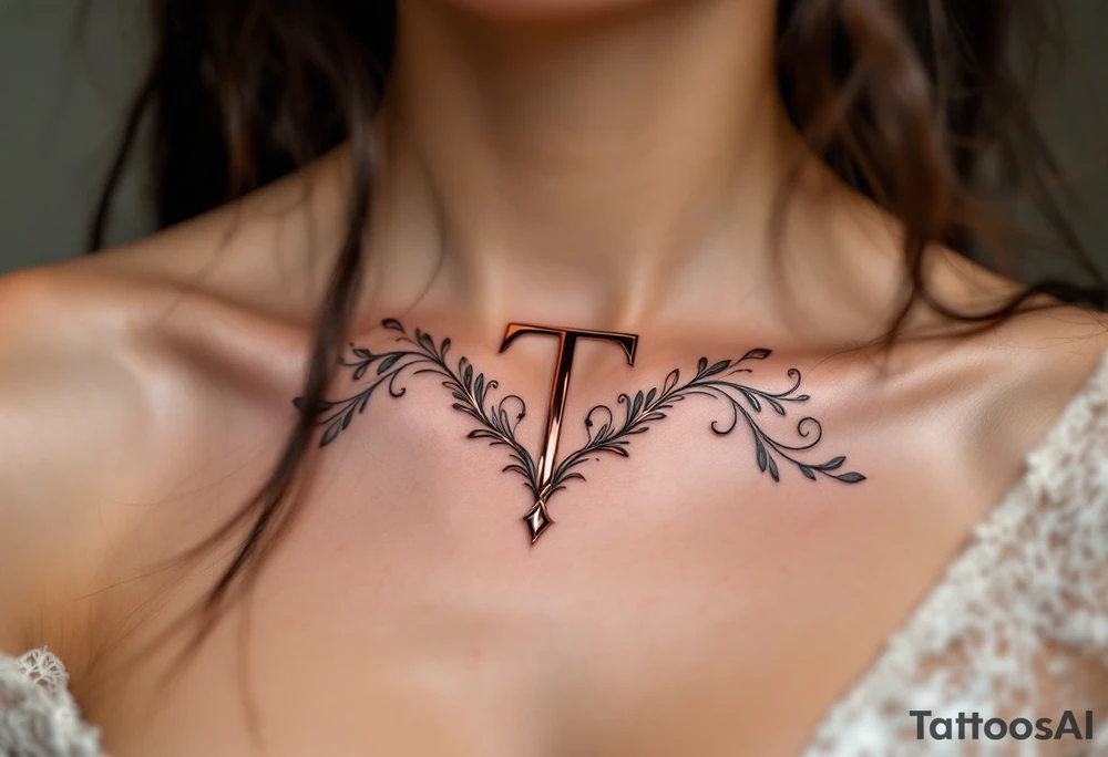 A sleek modern "T" in rosegold with a chrome-like metallic finish. tattoo idea