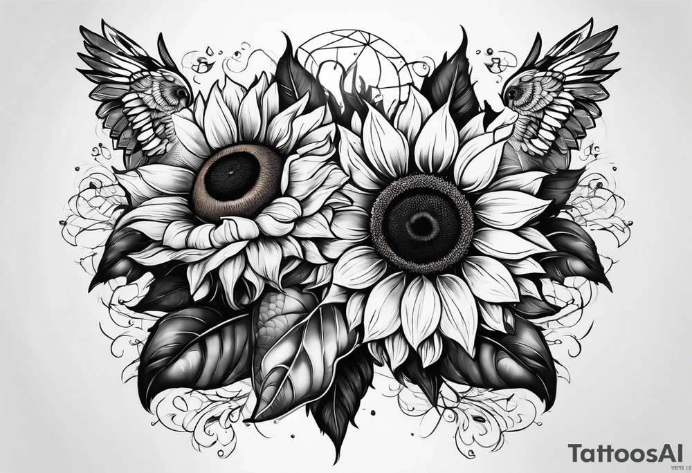 Sunflower forearm tattoo with owl, and light house tattoo idea