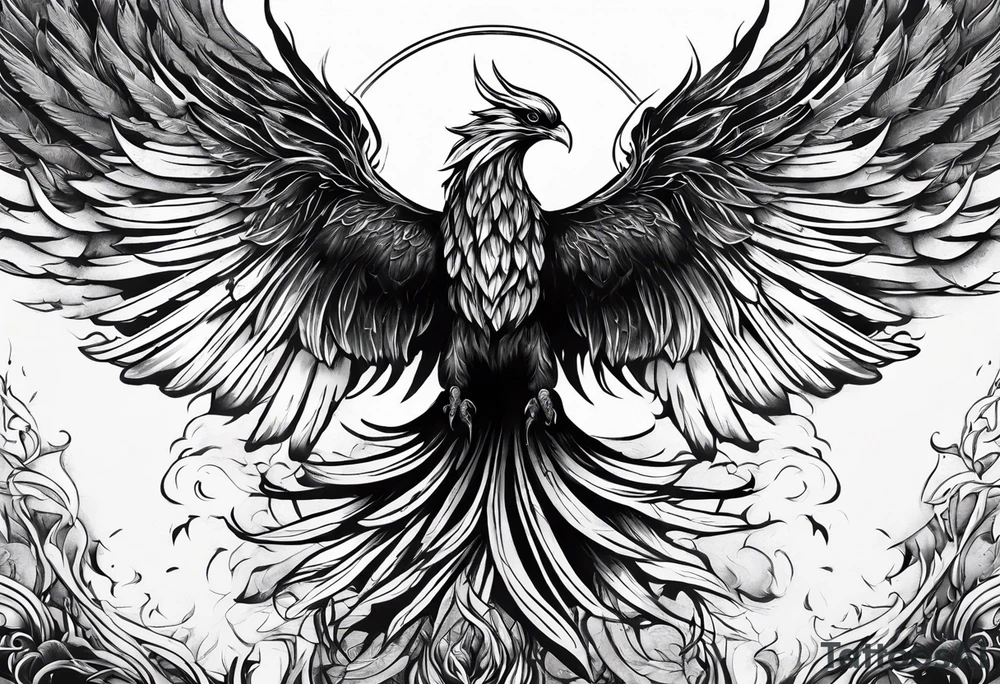 a phoenix rising from the ashes, with an angel opening its wings on the background tattoo idea