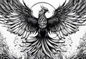 a phoenix rising from the ashes, with an angel opening its wings on the background tattoo idea