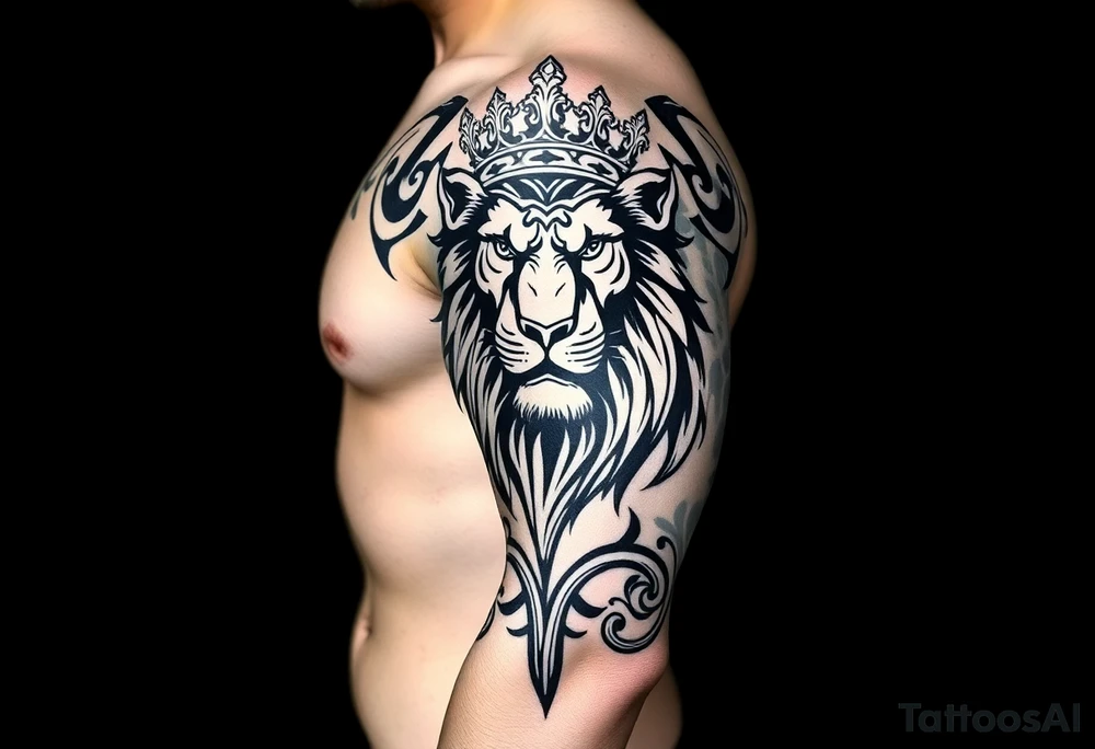 majestic lion wearing ornate crown, surrounded by baroque flourishes tattoo idea