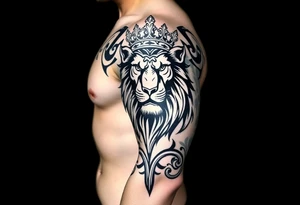 majestic lion wearing ornate crown, surrounded by baroque flourishes tattoo idea