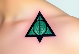A geometric Deathly Hallows full symbol filled with gradient shades of emerald green and dark obsidian tattoo idea
