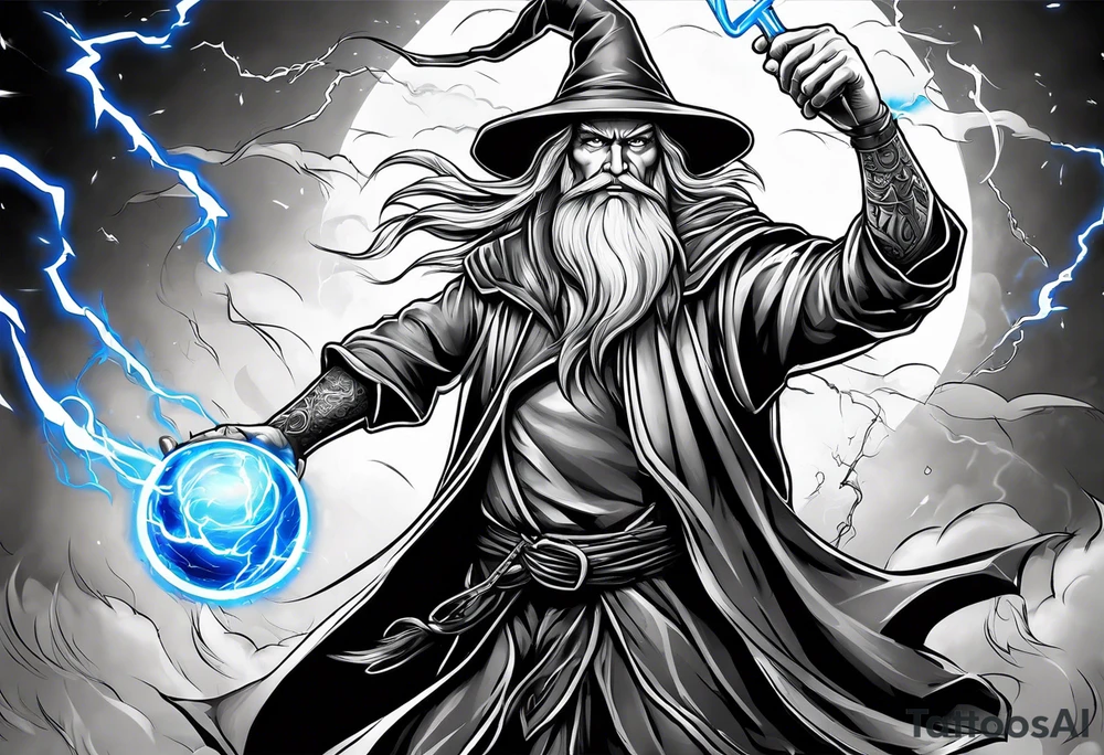 Wizard controlling lightning with a staff with blue arc ball tattoo idea