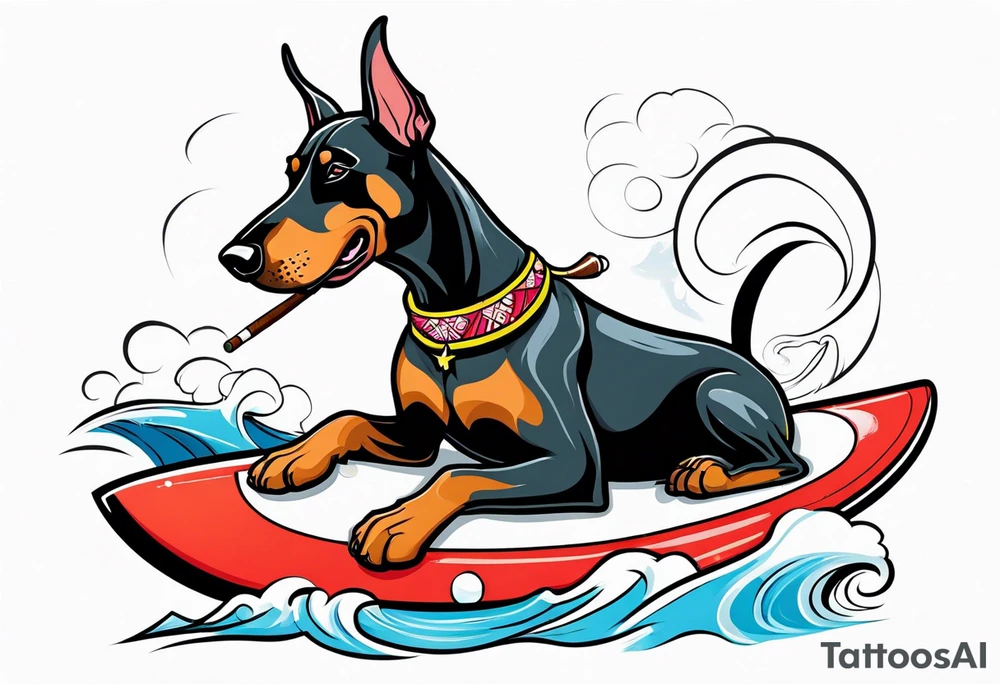 doberman smoking a cigar on a surfboard tattoo idea