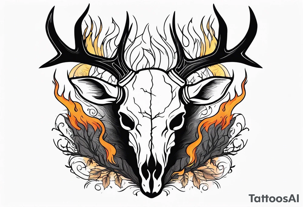 Halloween side profile of a DECAYING deer skull JUST BONE surrounded by a flames and trees in background tattoo idea