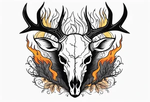 Halloween side profile of a DECAYING deer skull JUST BONE surrounded by a flames and trees in background tattoo idea