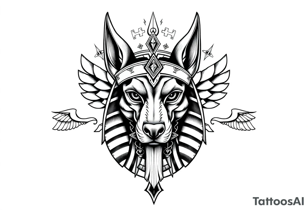 Egyptian Anubis god face muscle in Egypt style  with mantle on head with empty eyes 

dog face surrounded Egyptian symbols based on elements tattoo idea