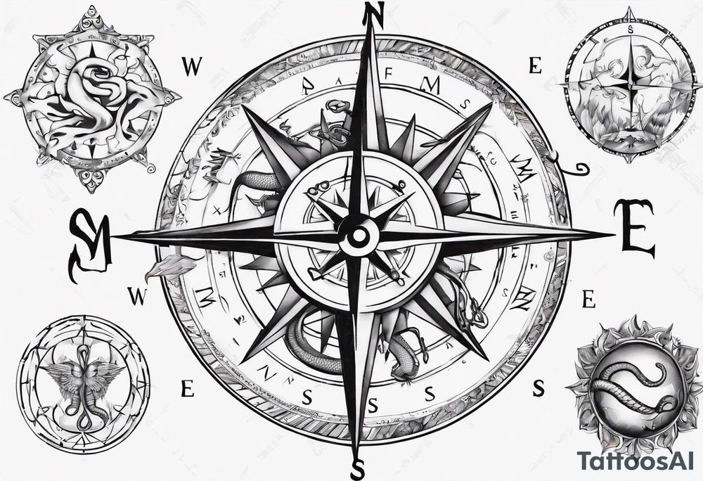 Compass tatoo with sun, Gemini , angels and snake tattoo idea
