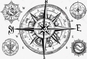 Compass tatoo with sun, Gemini , angels and snake tattoo idea