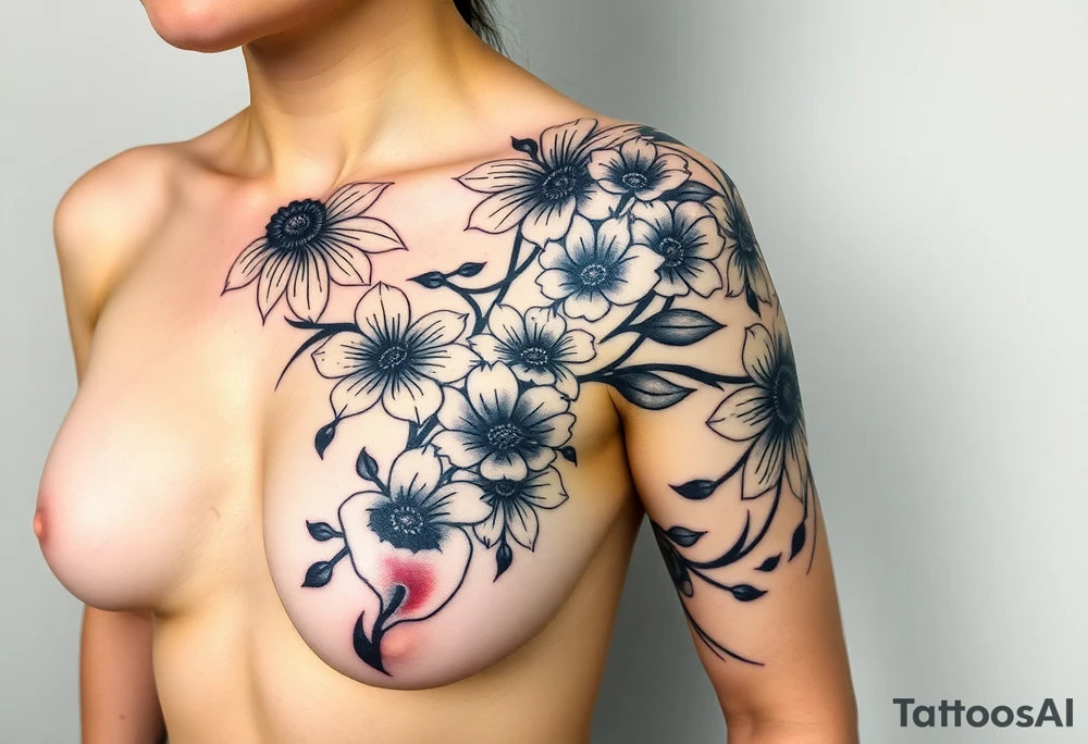 This tattoo is on a woman. It starts on her left side of the chest on the pectoral with a Glaiolus and Daisy together, then the tattoo rises over the left shoulder and down the arm and ends at the elbow. The tattoo will include a primroses, Calla Lilys, and Lillys. It will be light on color except in the petals and has light shading to make it pop. It will not wrap around the chest but rather bloom upwards from the pectoral and spill over the shoulder and down to the elbow. tattoo idea