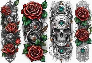 Blend roses and robotic circuitry for an arm sleeve tattoo idea