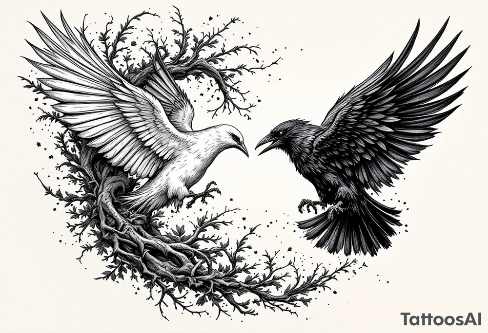 dove and raven fighting tattoo idea